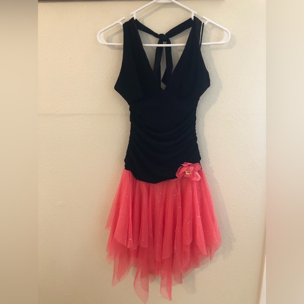 Black Halter Dress with pink sparkle skirt and flower